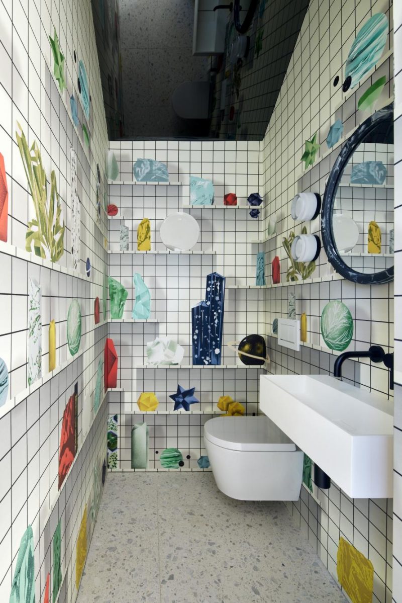playful colorful wallpaper in the bathroom
