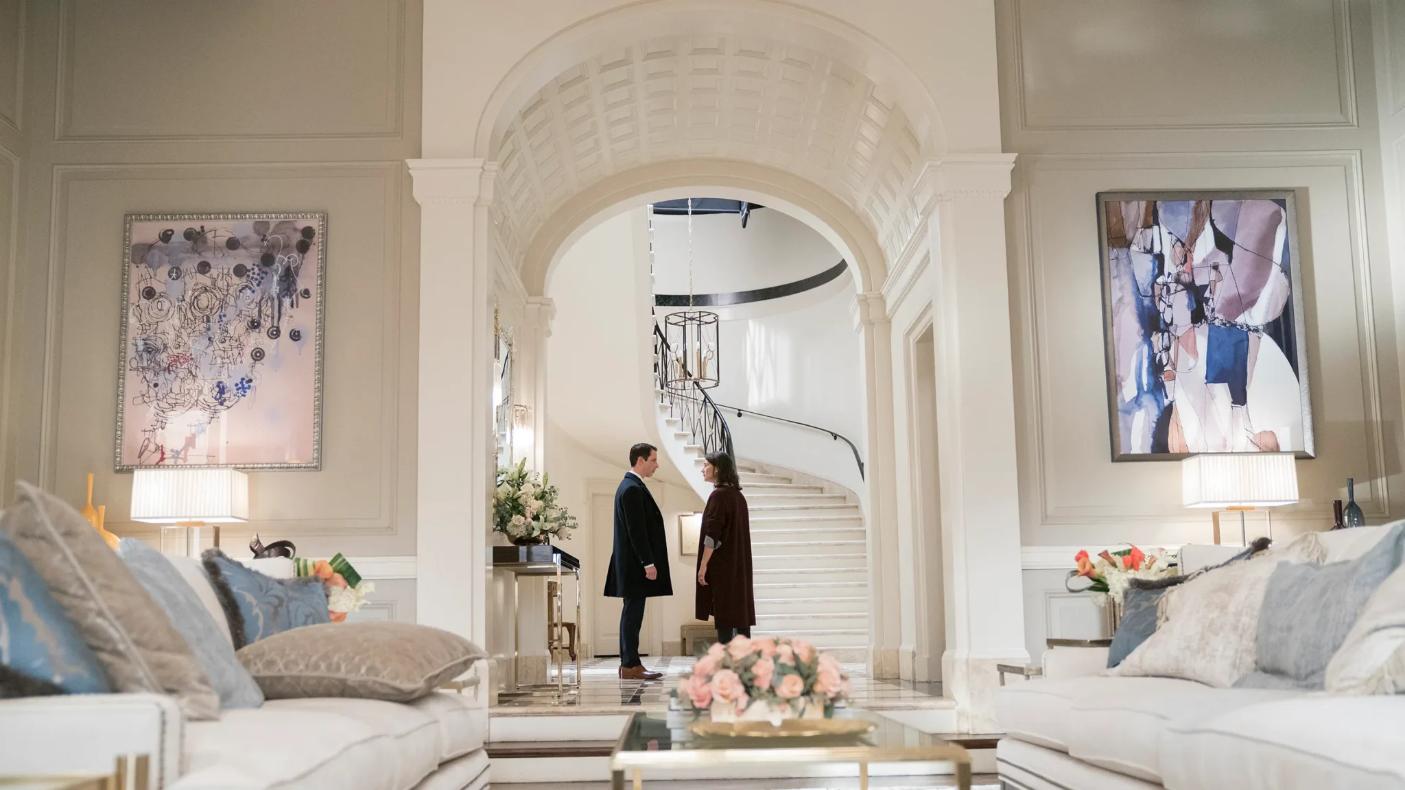 quiet luxury mansion in cream and pastel tones