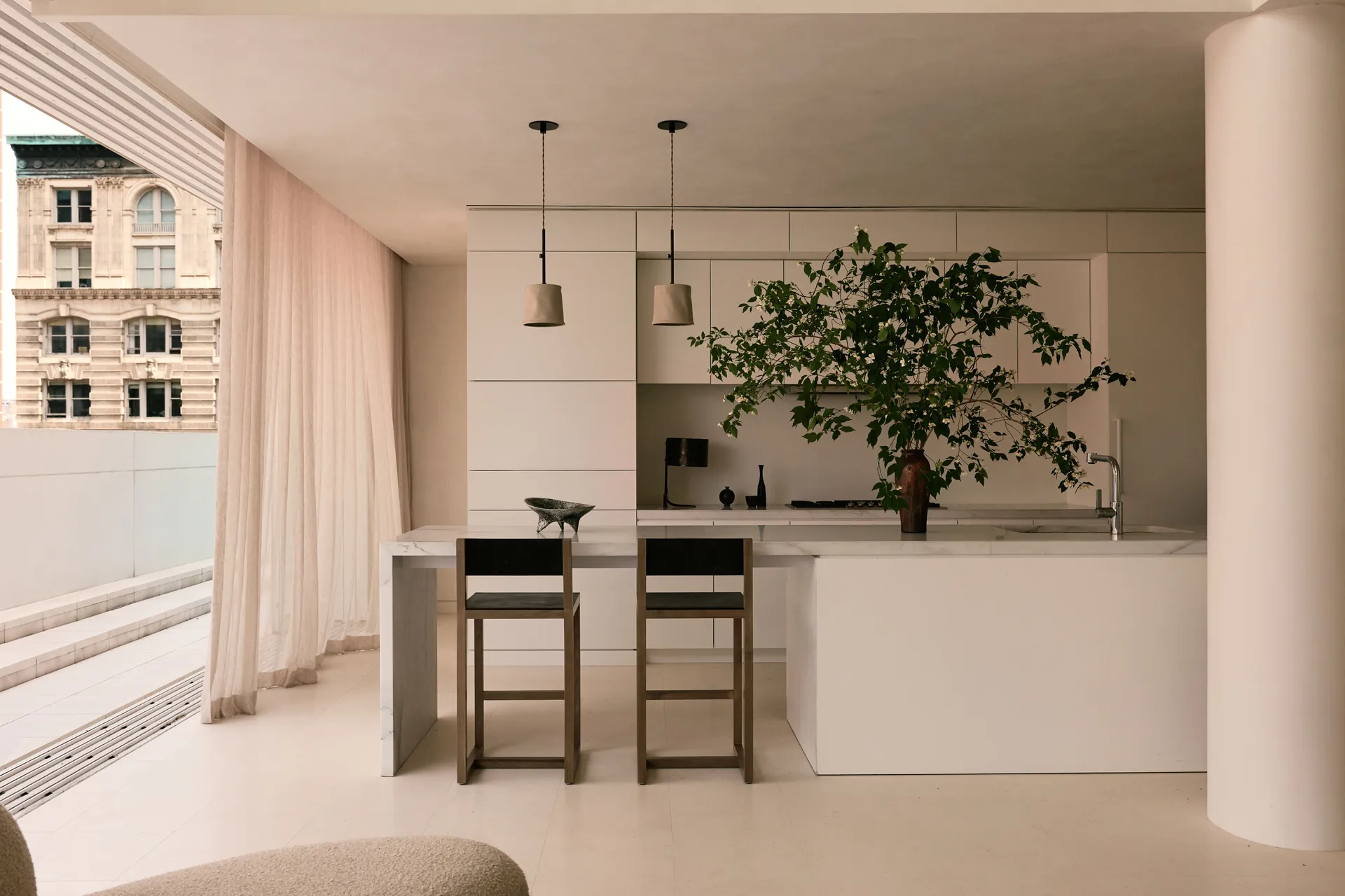 bonsai tree above the kitchen island