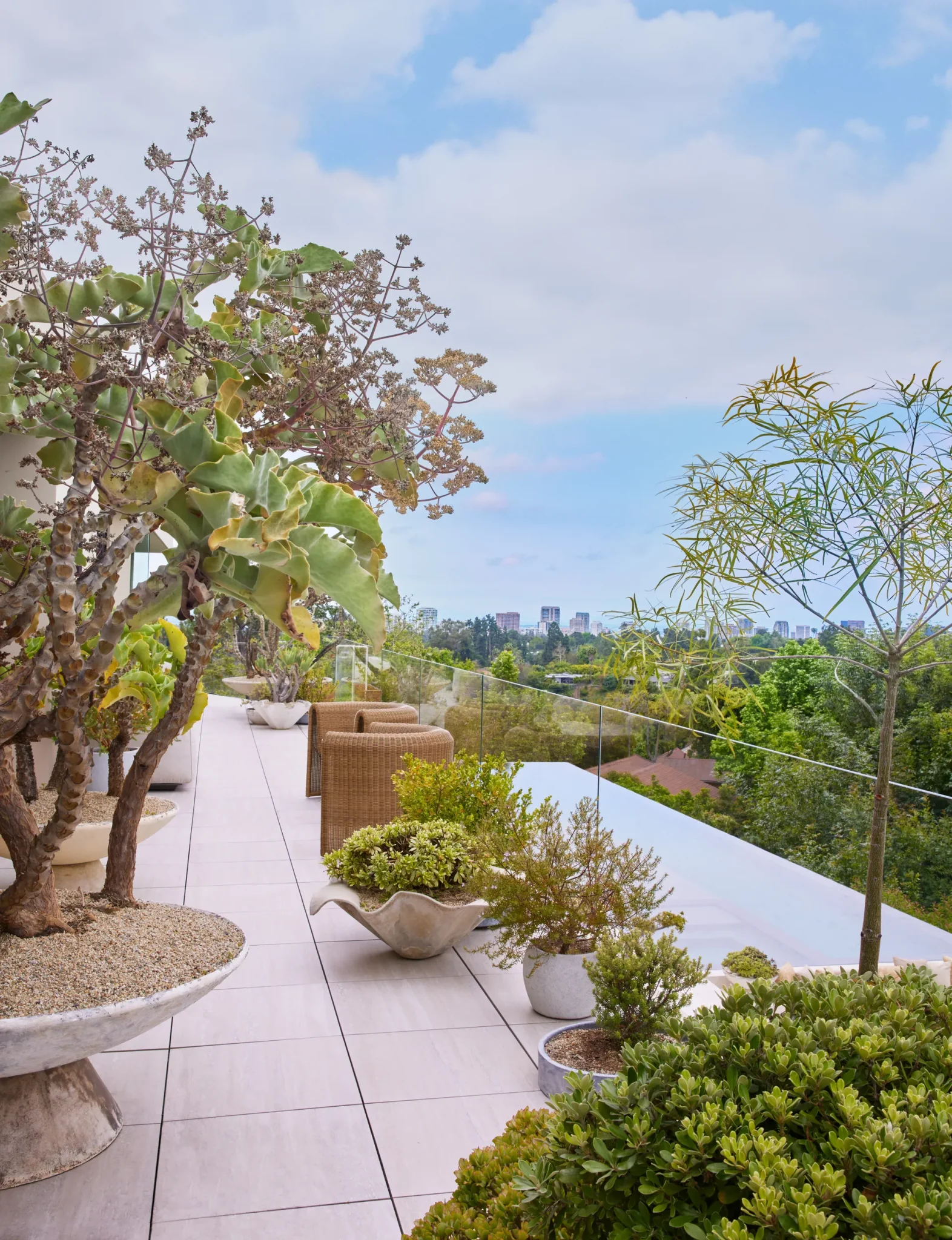 terrace with Wicker chairs and planters and plantings