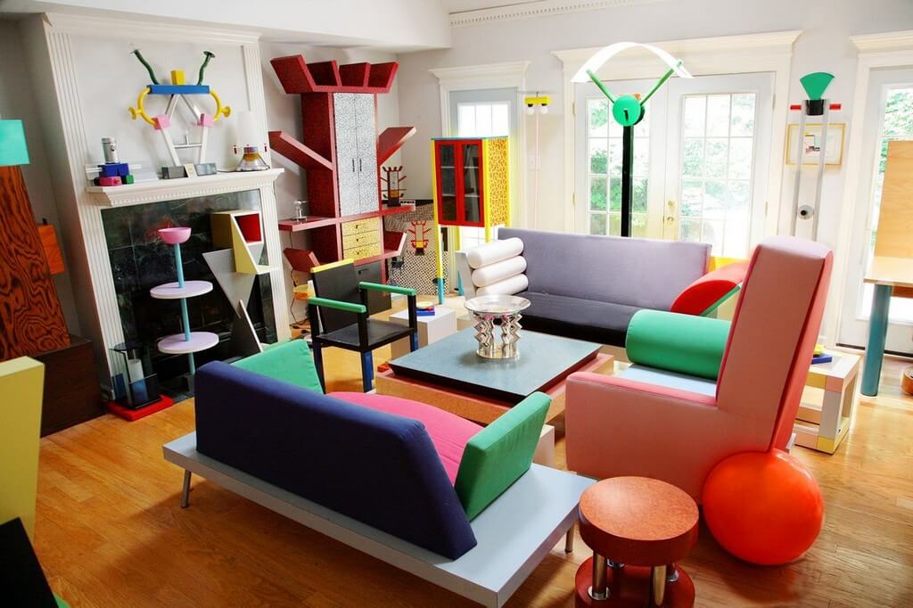 Memphis Design Style with furniture designed by Ettore Sottsass, including Ettore Sottsass's bookshelf 
