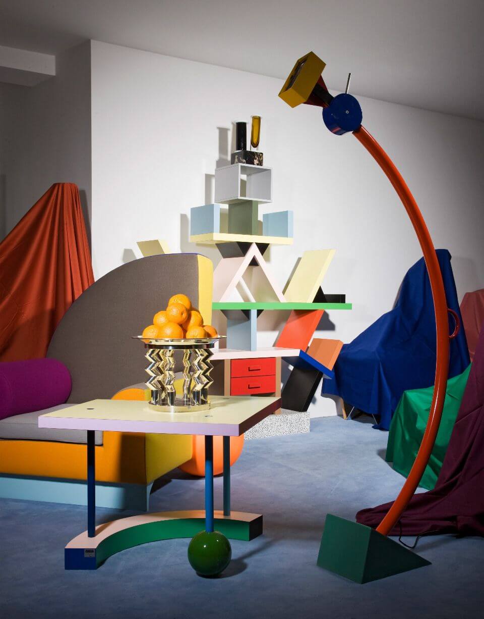 Memphis Design Style with furniture designed by Ettore Sottsass, including Ettore Sottsass's bookshelf 