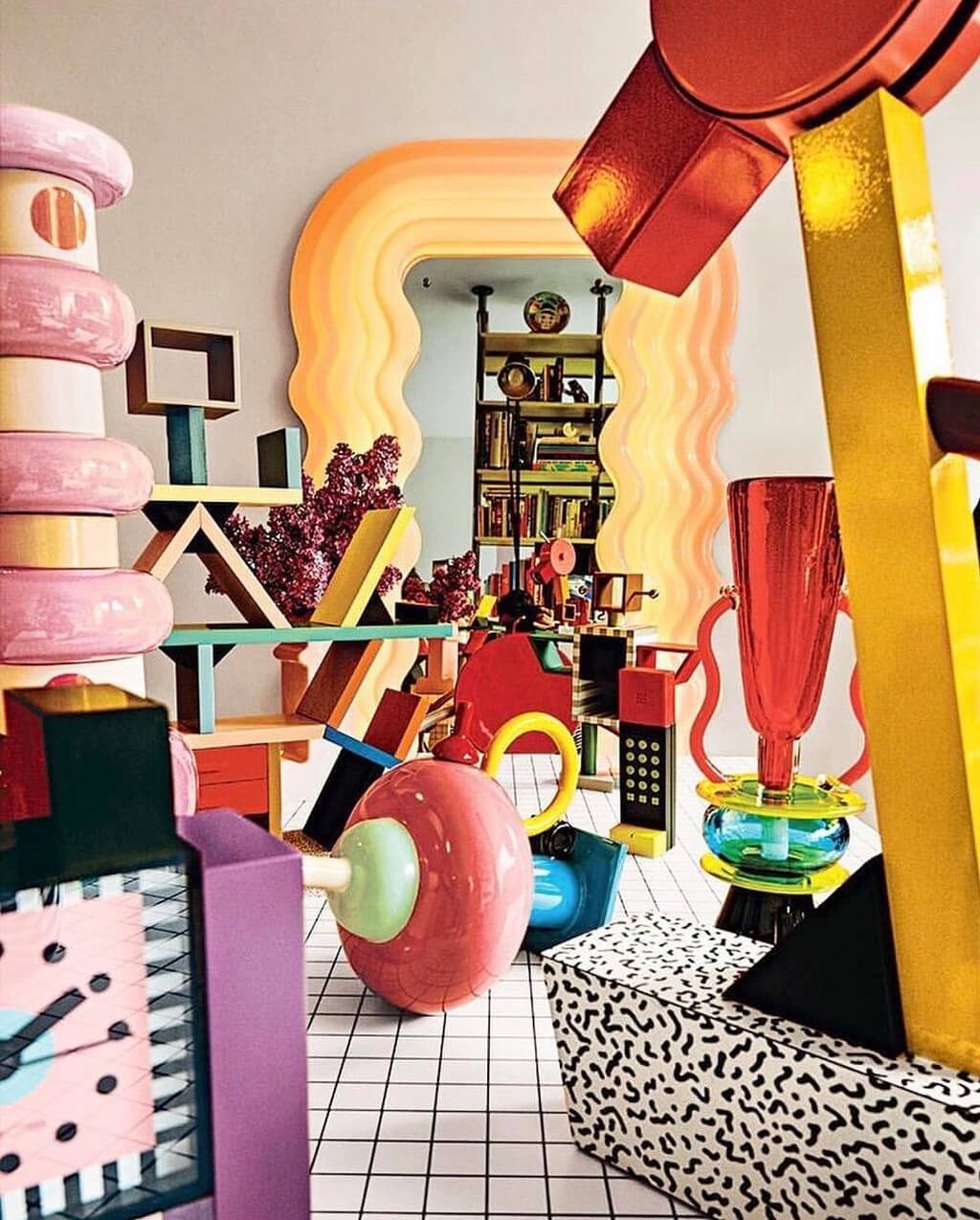 Memphis Design Style with furniture designed by Ettore Sottsass, including Ettore Sottsass's Utrafragola mirror