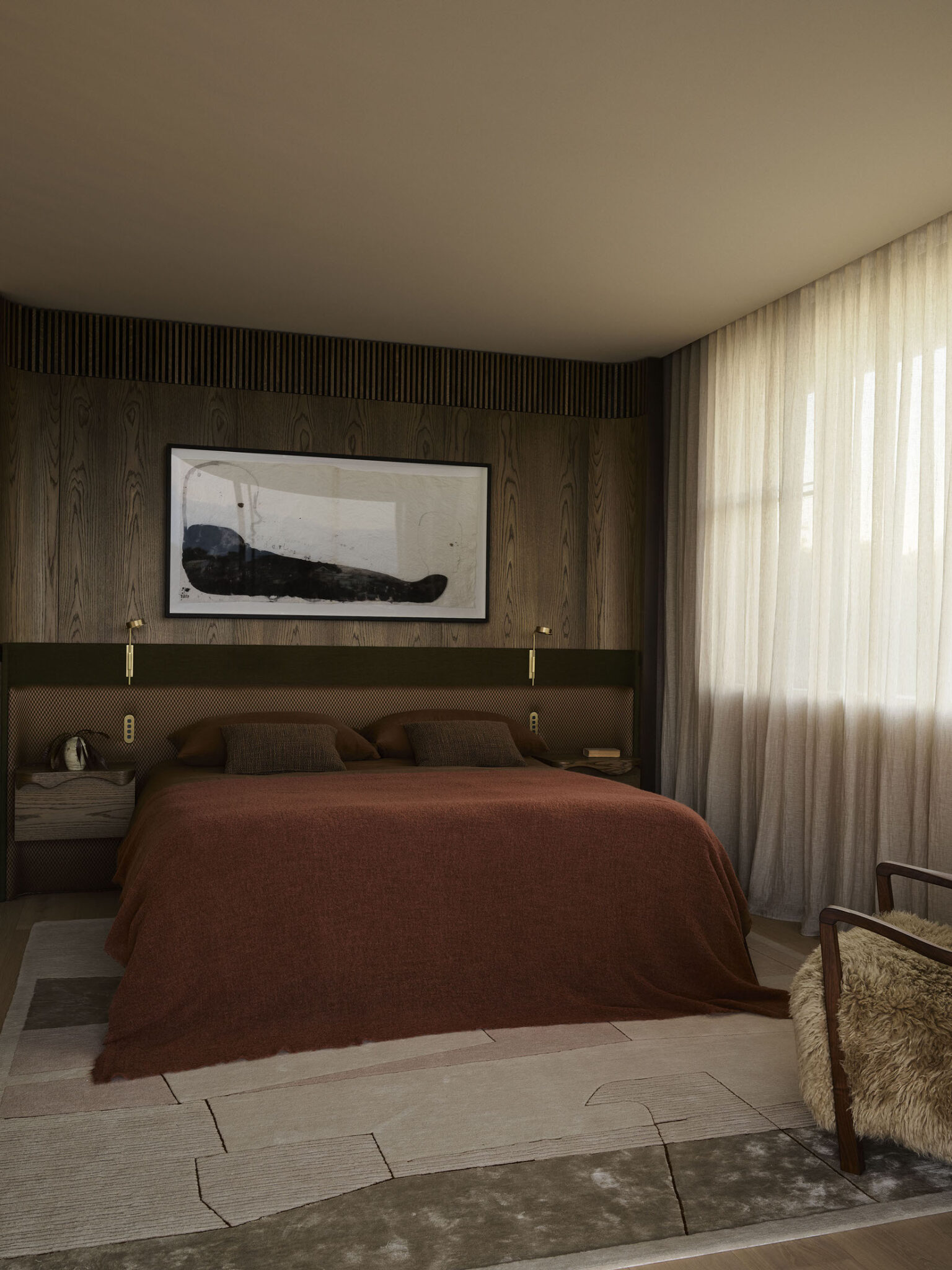 bedroom with stone flooring, unique furniture, plenty of natural light