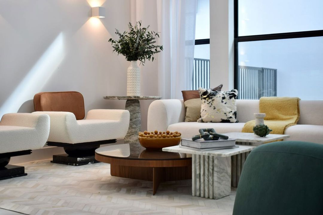 modern interior design project - neutral living room with warm accents