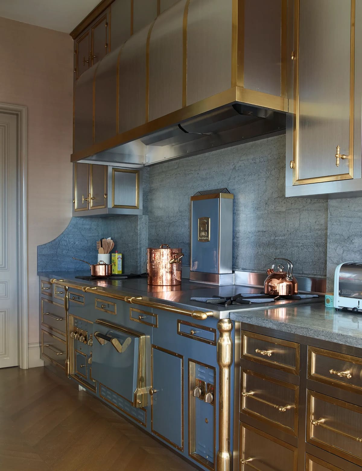 vintage-style kitchen with golden cabinets