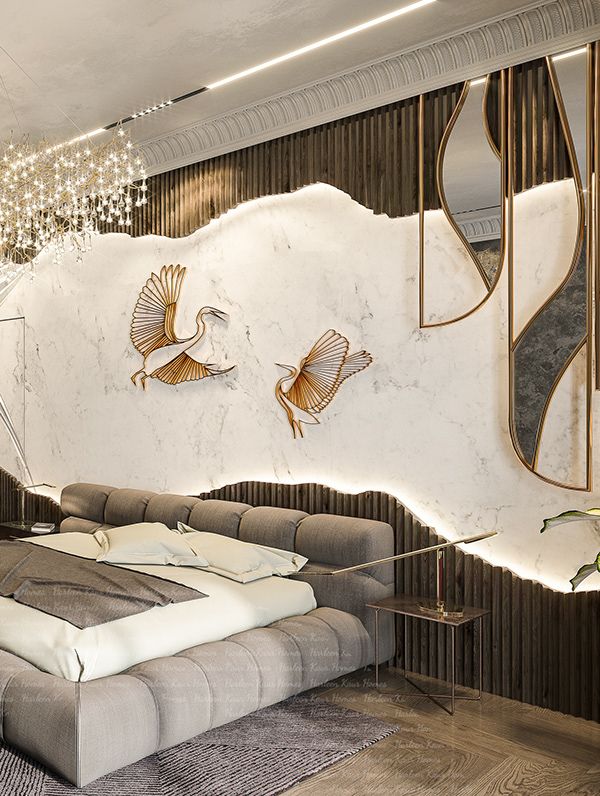 wall art of 2 birds in a luxury bedroom