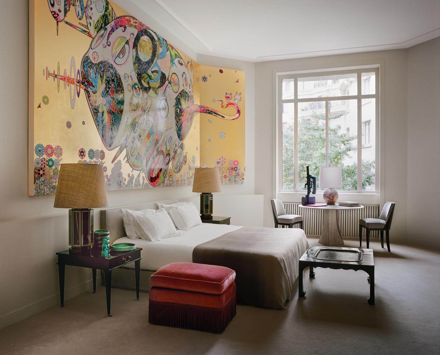 Bedroom with Takashi Murakami panels in Parisian Apartment