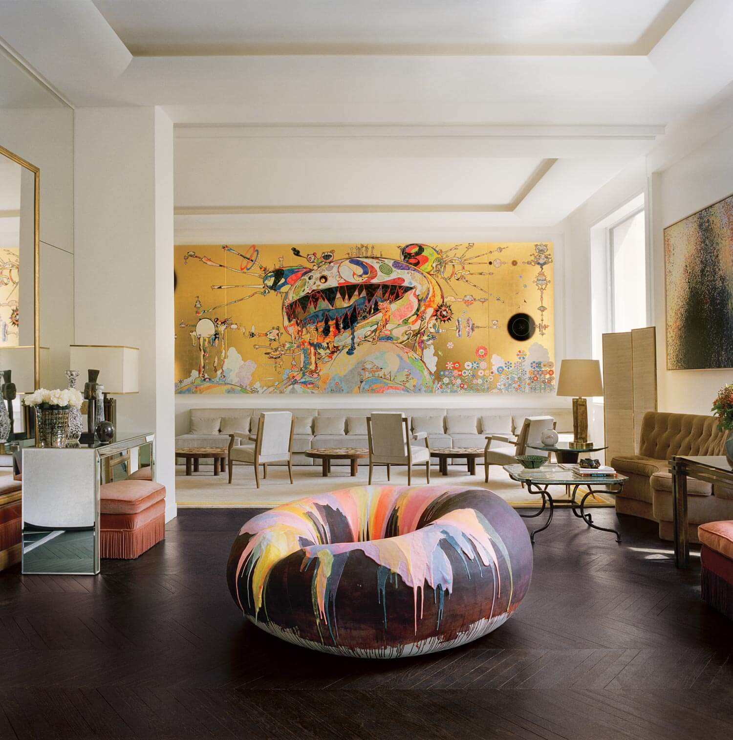 Living Room with Takashi Murakami Panels in Paris Apartment