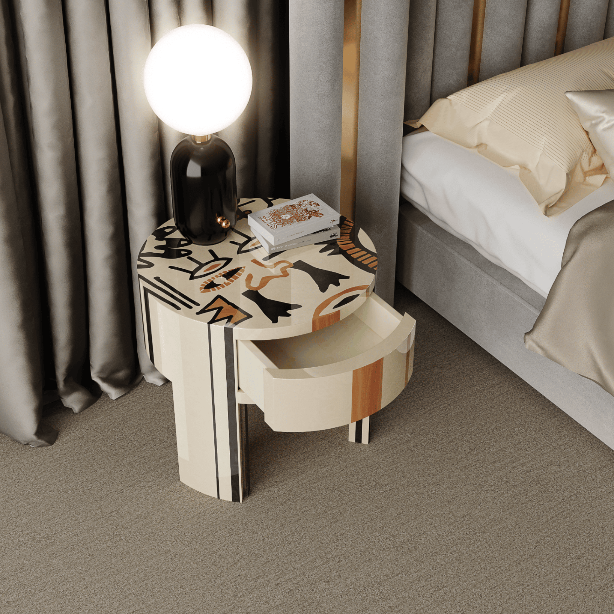 artistic bedside table in marquetry and table lamp by HOMMÉS Studio