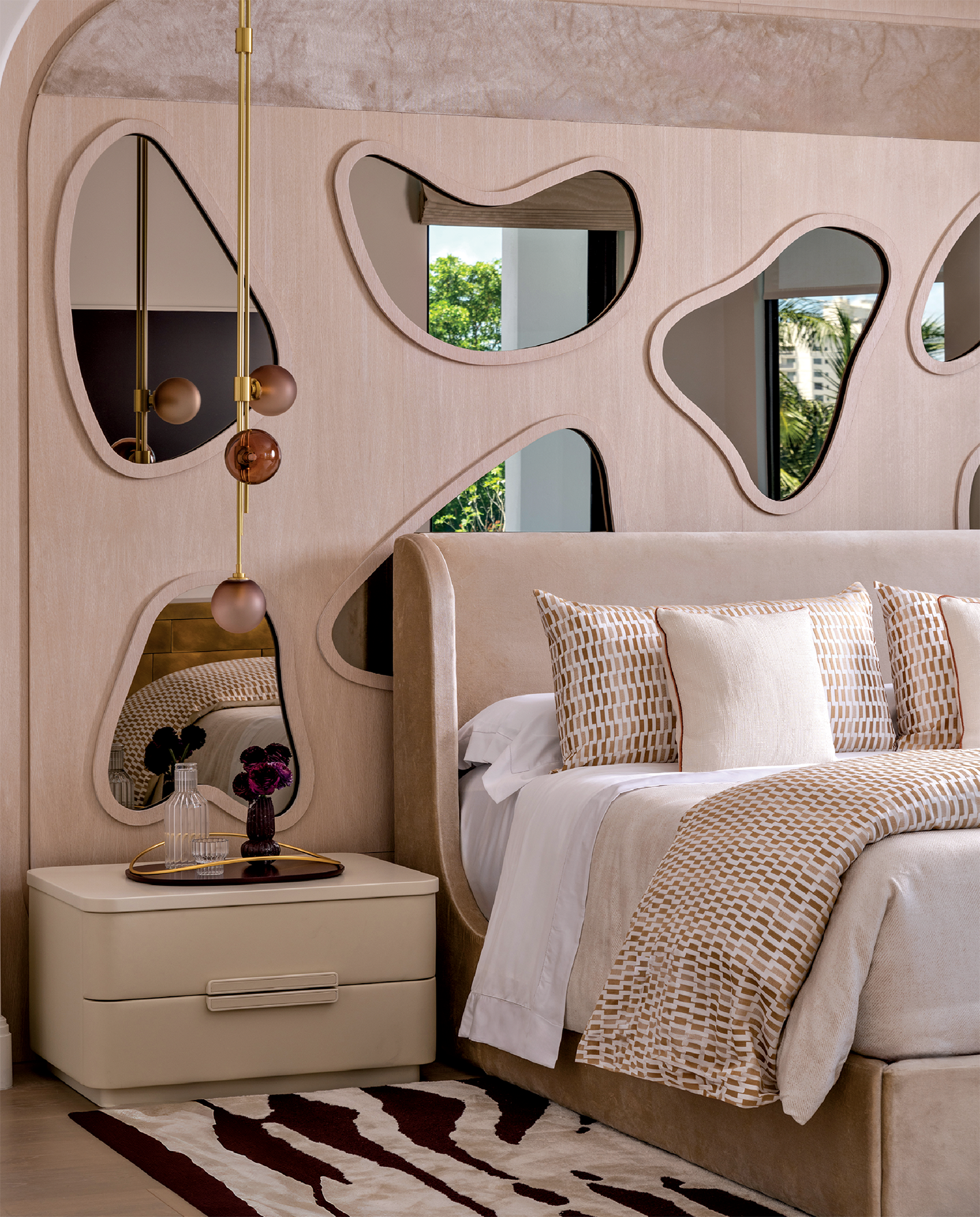 Explore Modern Miami: A Stunning Fusion of Old and New Design, a bedroom with unique designer´s rug