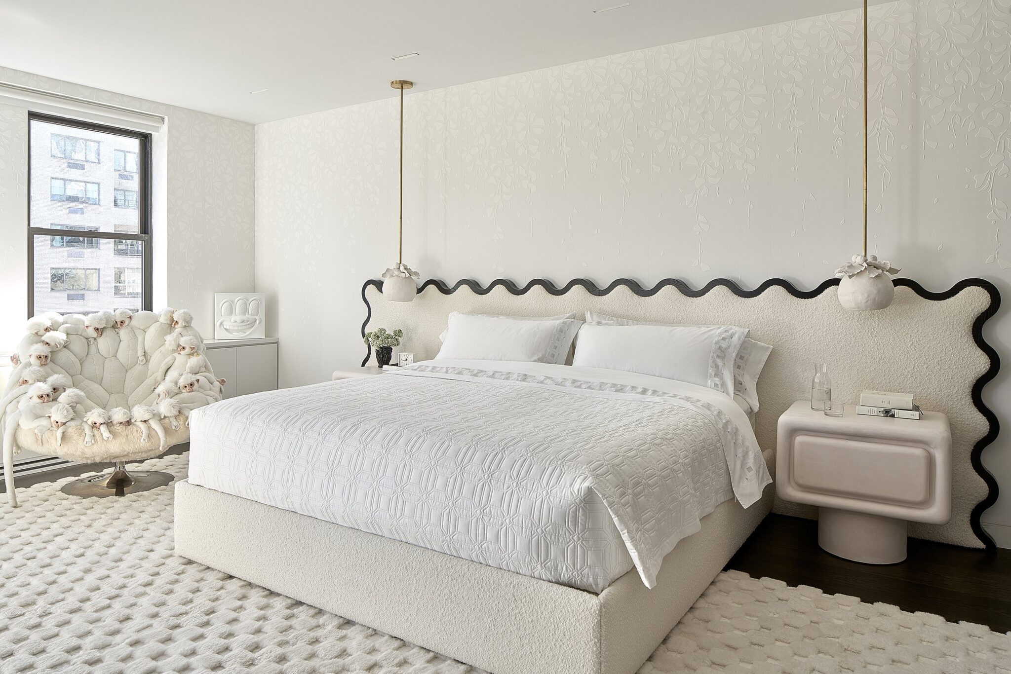 Modern Eclectic Interior Design at the Park Avenue Apartment, bedroom with unique carpet