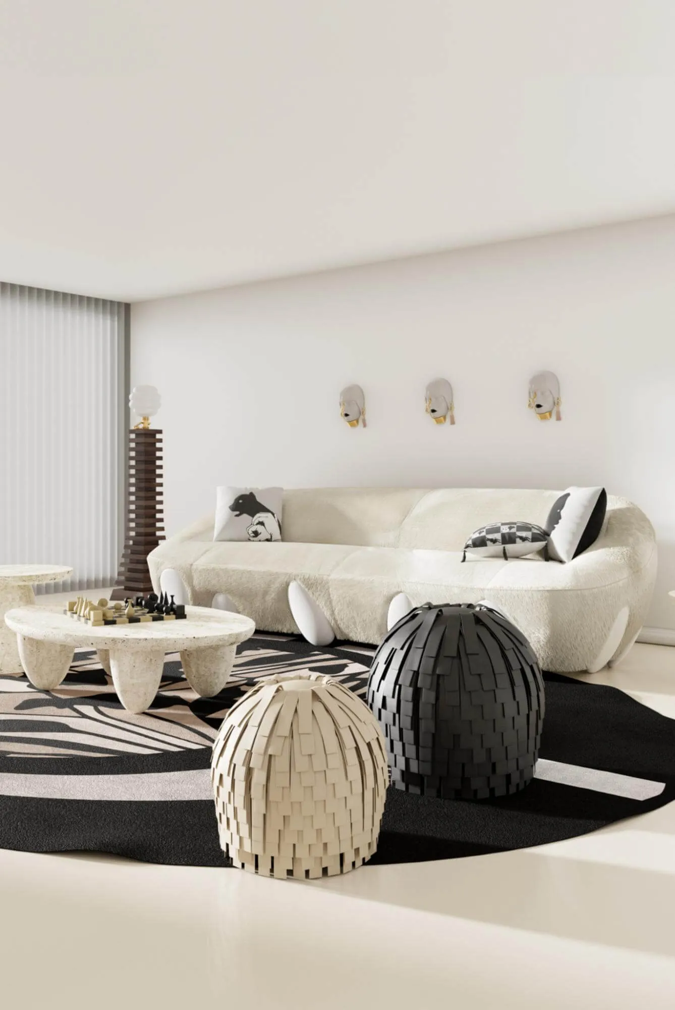 living room with a black and white color scheme and an oval mid-century rug 
