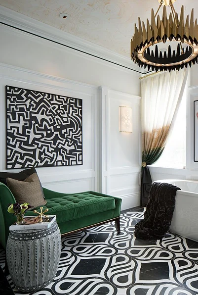 Green Daybed in a bold black and white bathroom