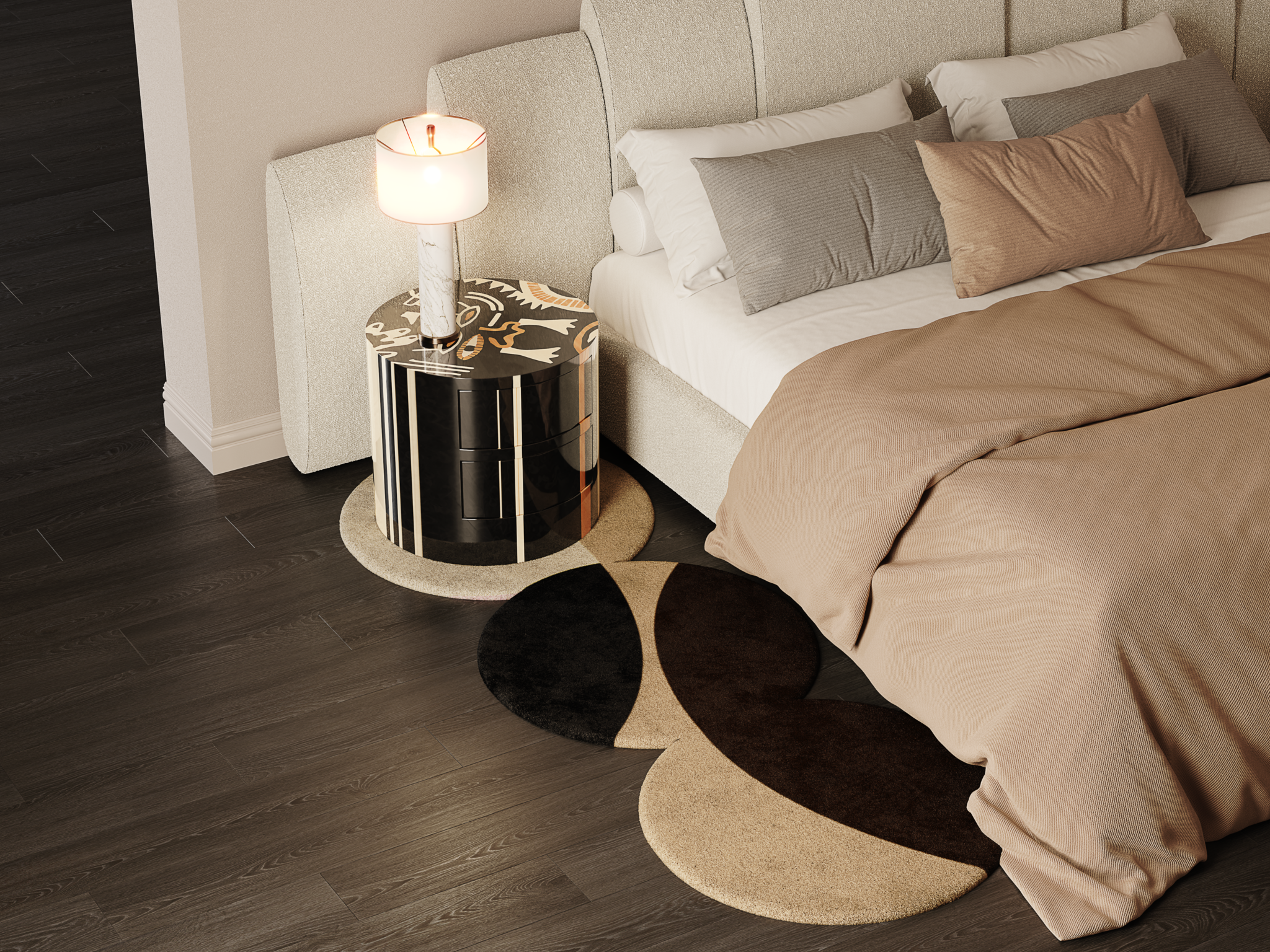 A Modern Design Bedroom With A Bedside Table In Marquetry And Bed With Earth Tones