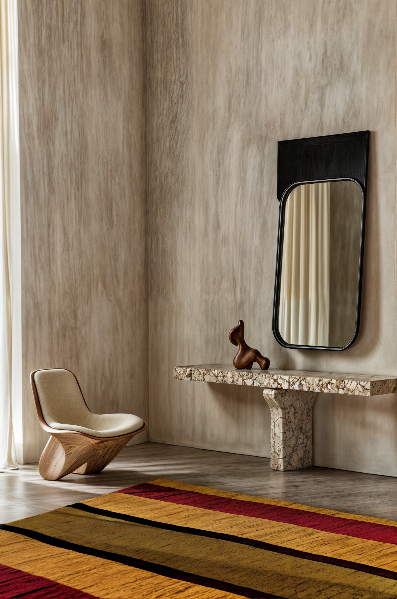 Handcrafted Unique Interior Design Ideas, handmade furniture, stone table, wall mirror, handmade rug