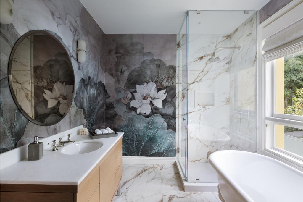 Bathroom with marble walls and floral wallpaper