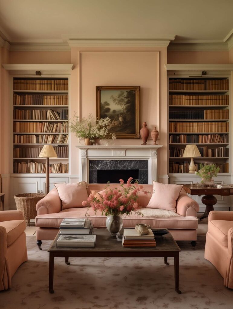 Classic Living Room Peach Walls Bookshelves Pantone Color Of The Year 2024 Nordroom 1 771x1024 