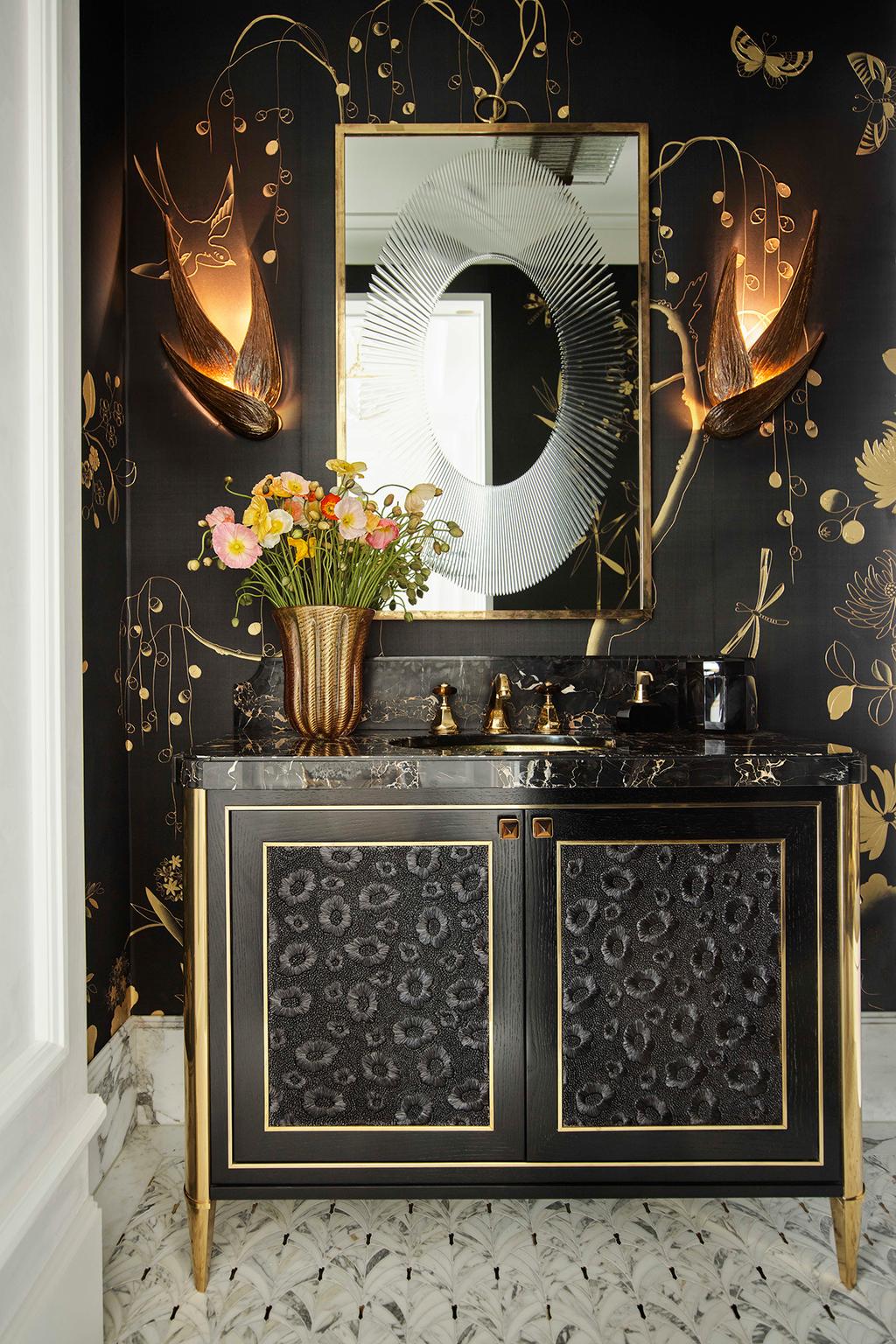 black and golden floral pattern in the powder room