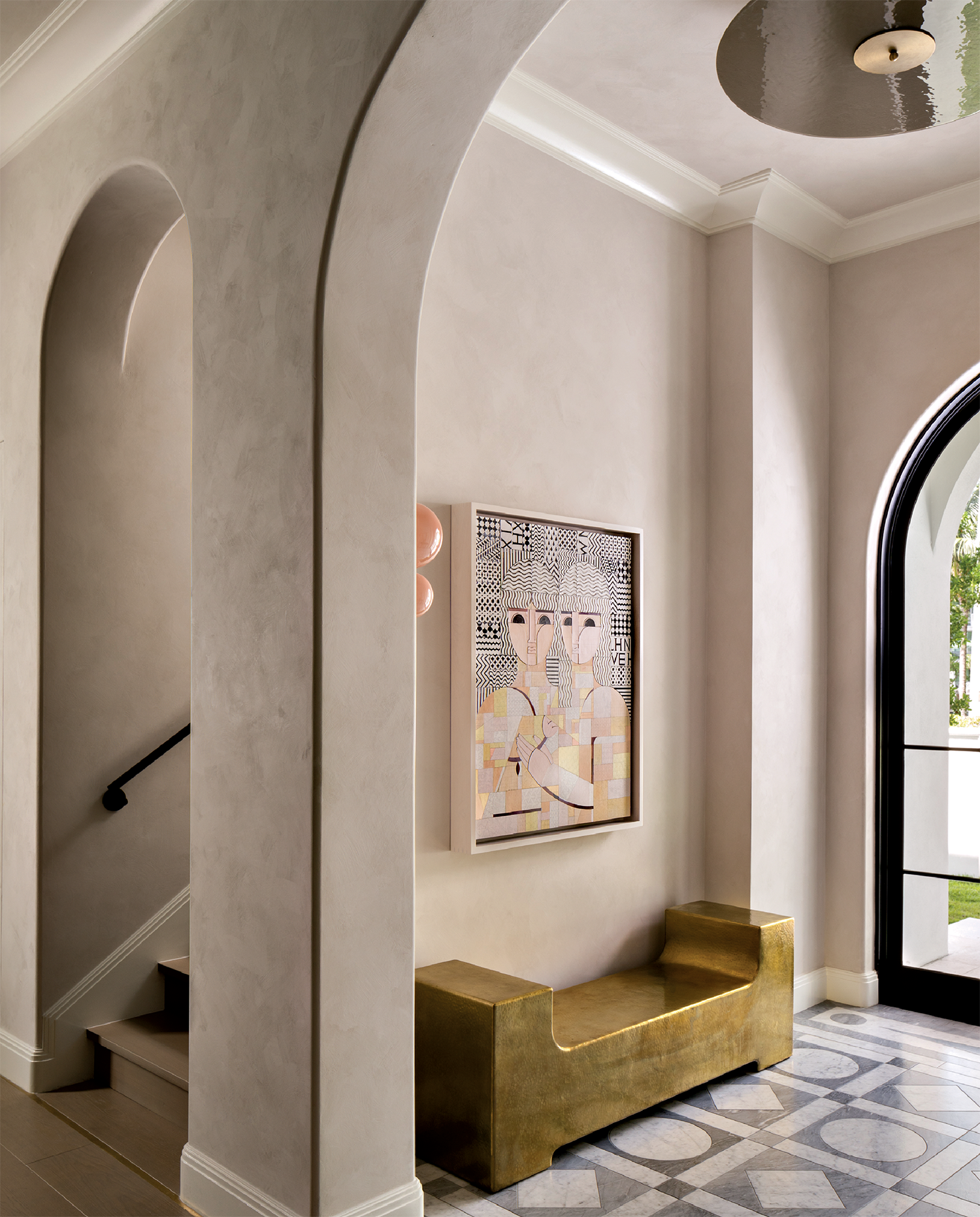 Explore Modern Miami: A Stunning Fusion of Old and New Design, entryway with unique design bench and artwork