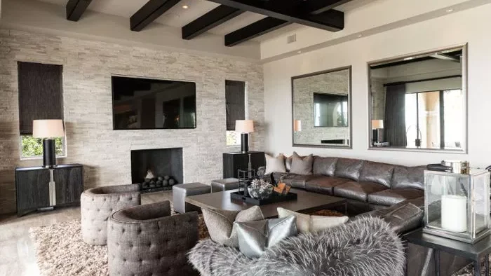 Family room with a leather sofa