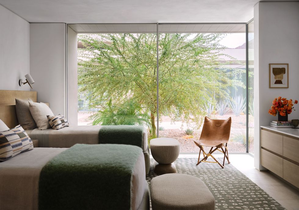 guest bedroom with benches in a line