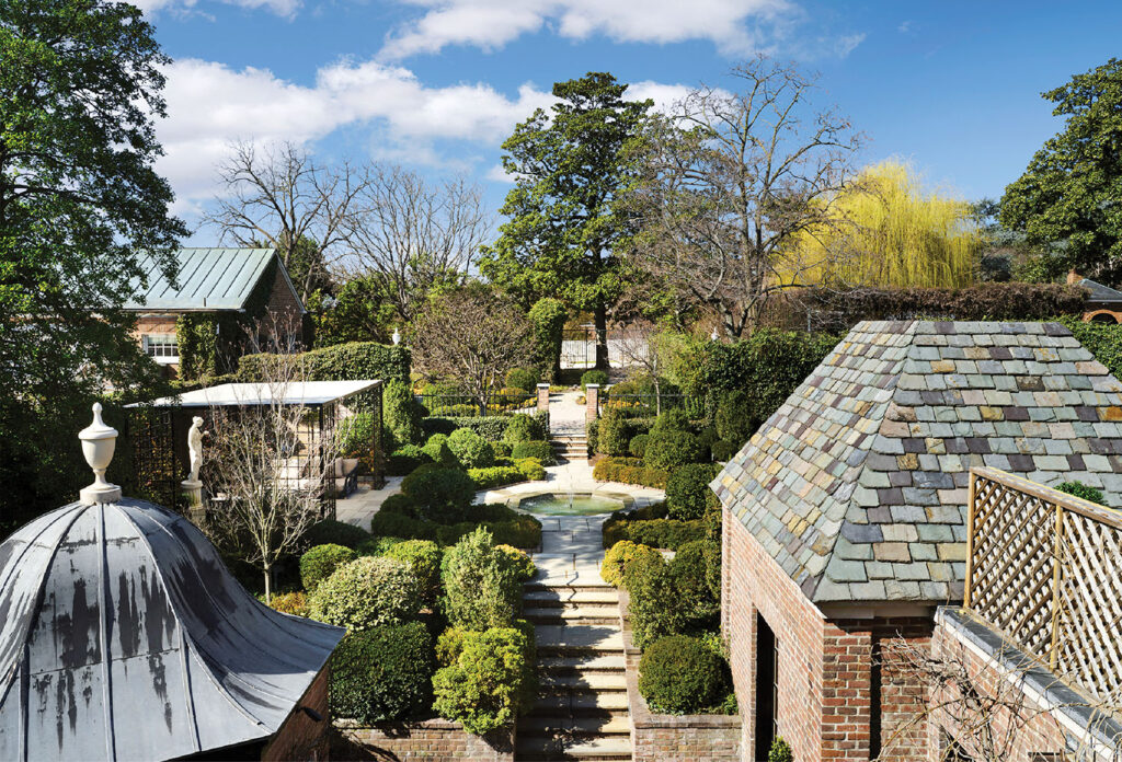 The estate’s one-acre walled garden, originally designed by Rose Greely, remains its heart.