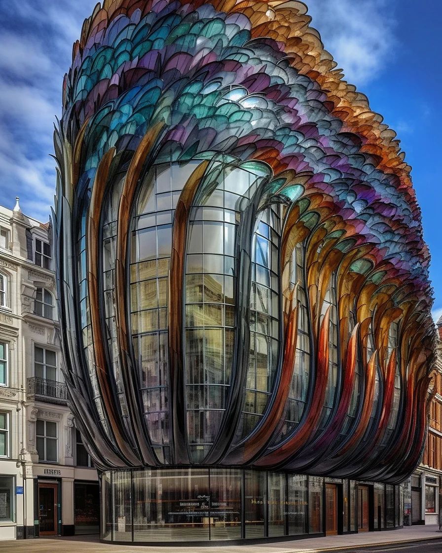 Colorful feathered building by Hassan Ragab made on Midjourney