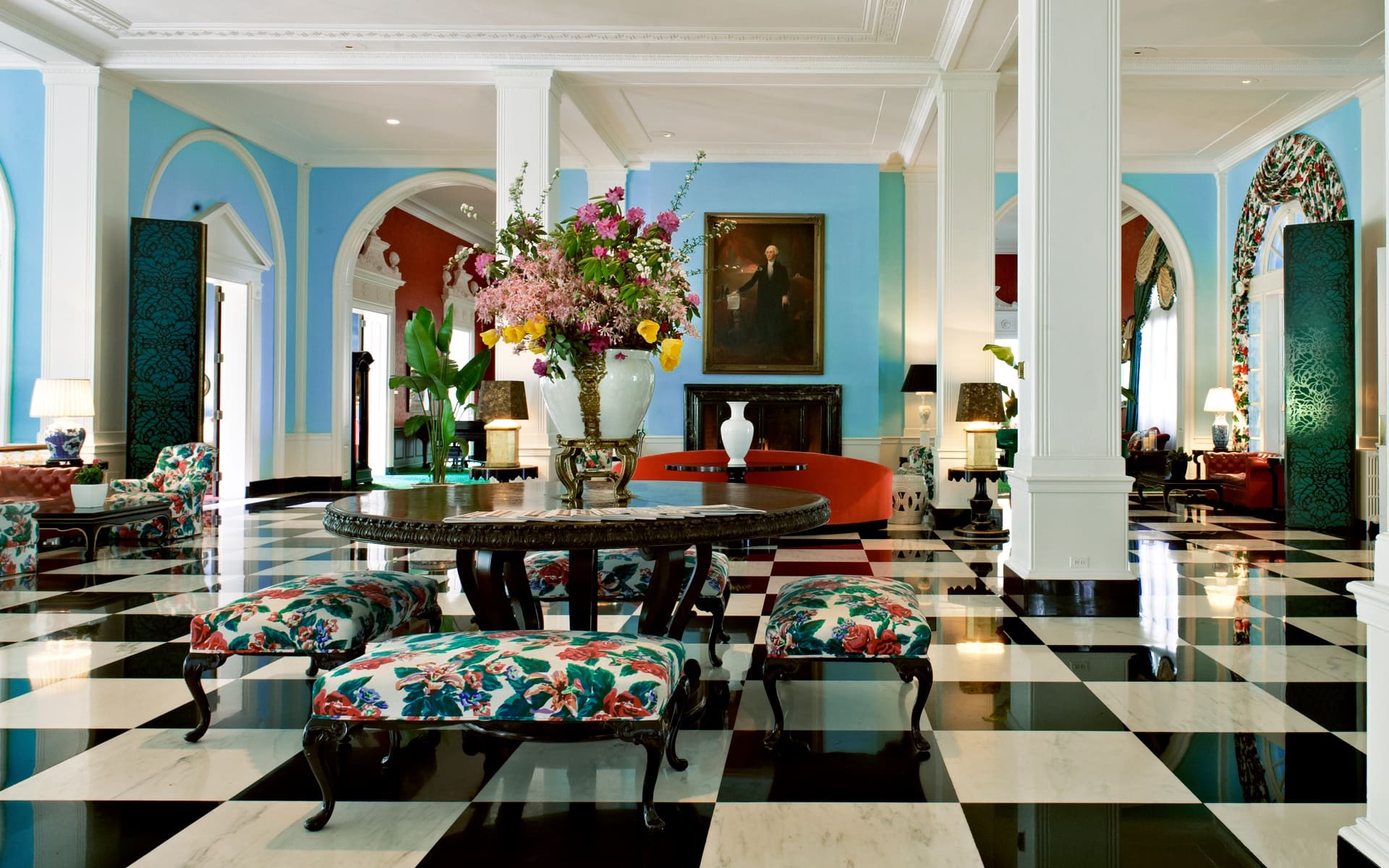 Hollywood regency style, hotel lobby by pioneer interior designer Dorothy Draper