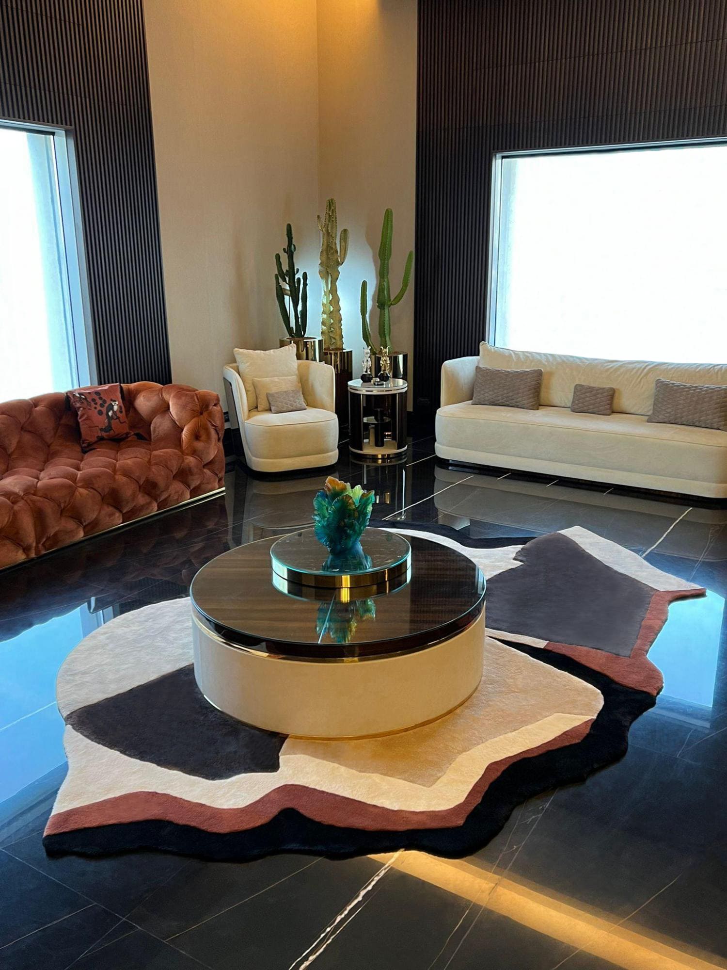 homey and marvelous villa in kuwait, kuwait project. private client fatemah alshuraian, cocoon suspension, piano rug, cher suspension, custom wallpaper, ach collection pillow