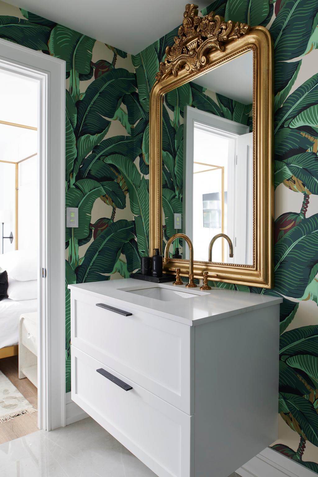 Bathroom With Tropical Wallpaper at Neutral Home in Toronto