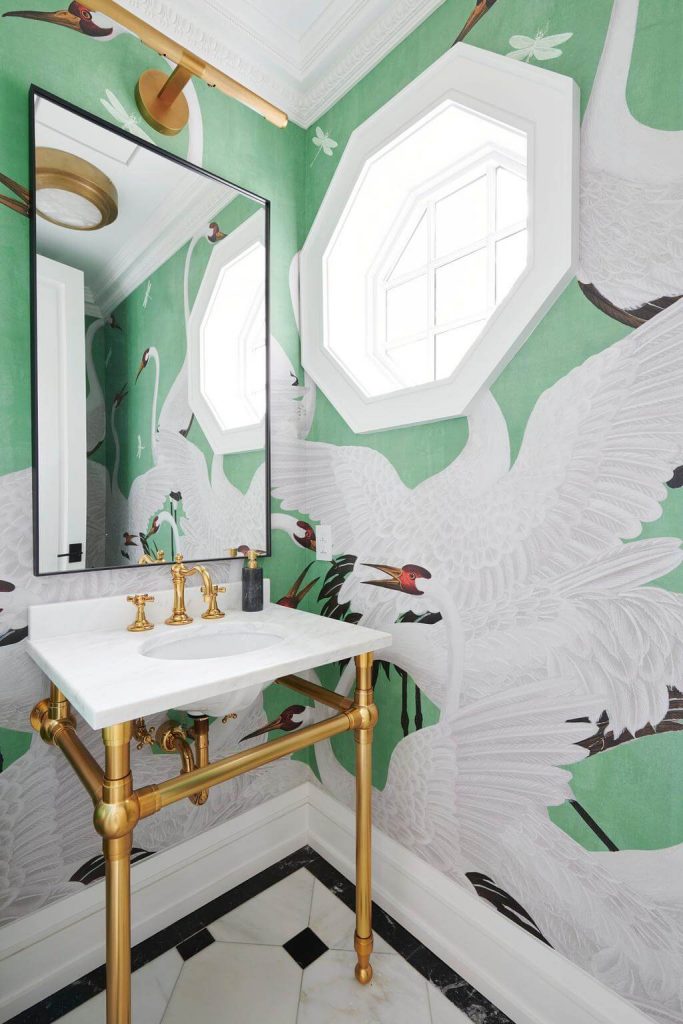 Bathroom With Tropical Wallpaper at Neutral Home in Toronto