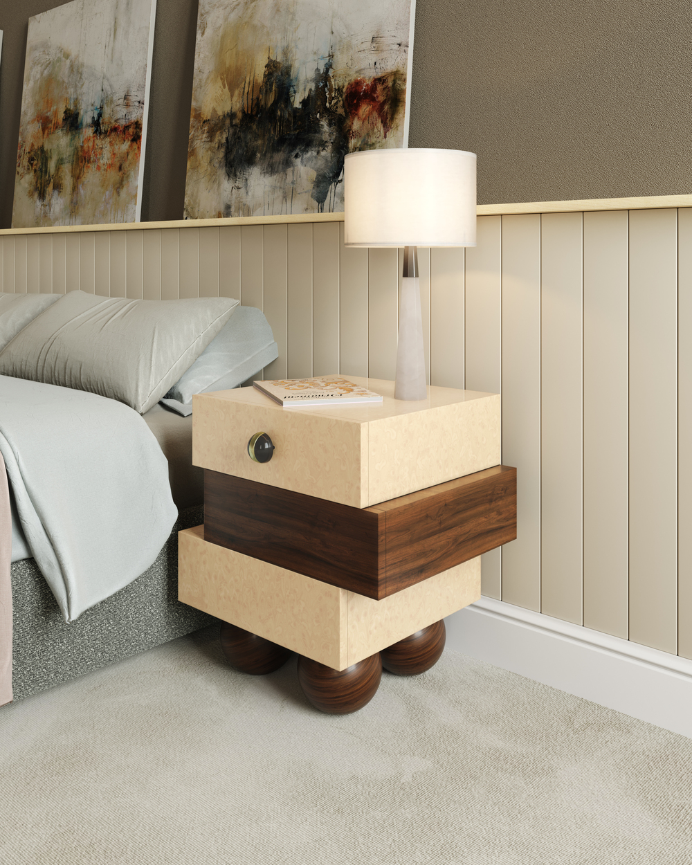 Compact and geometric, the Matrioska Bedside Table seamlessly blends modern design and practical function. Featuring a unique layered structure and a refined wooden finish, this piece pairs perfectly with the Demiz Bed. Its bold yet elegant silhouette adds visual rhythm and contemporary sophistication to any bedroom setting.

