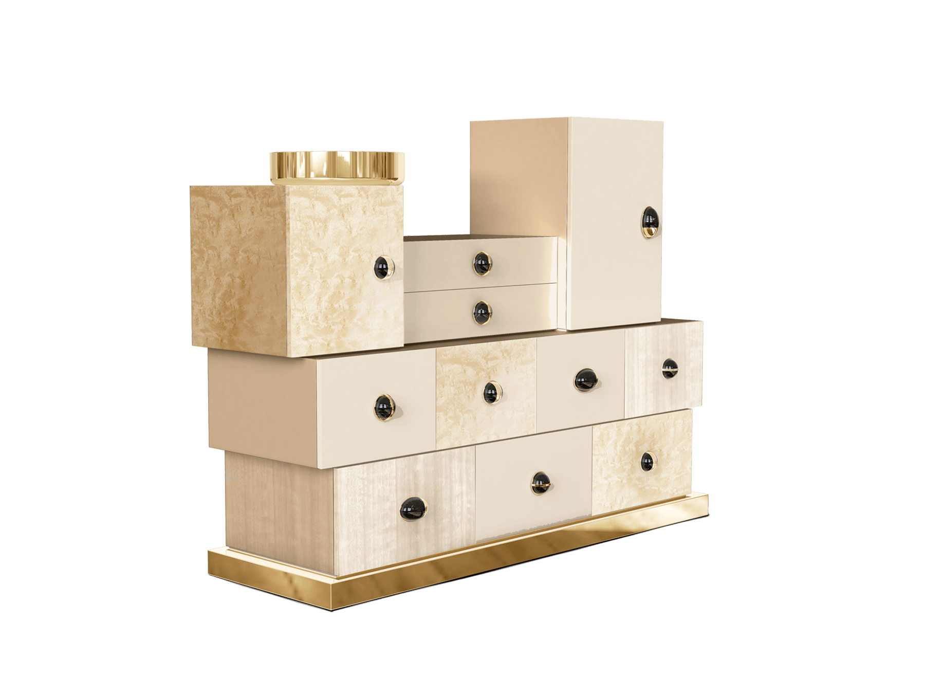 gold and beige chest of drawers