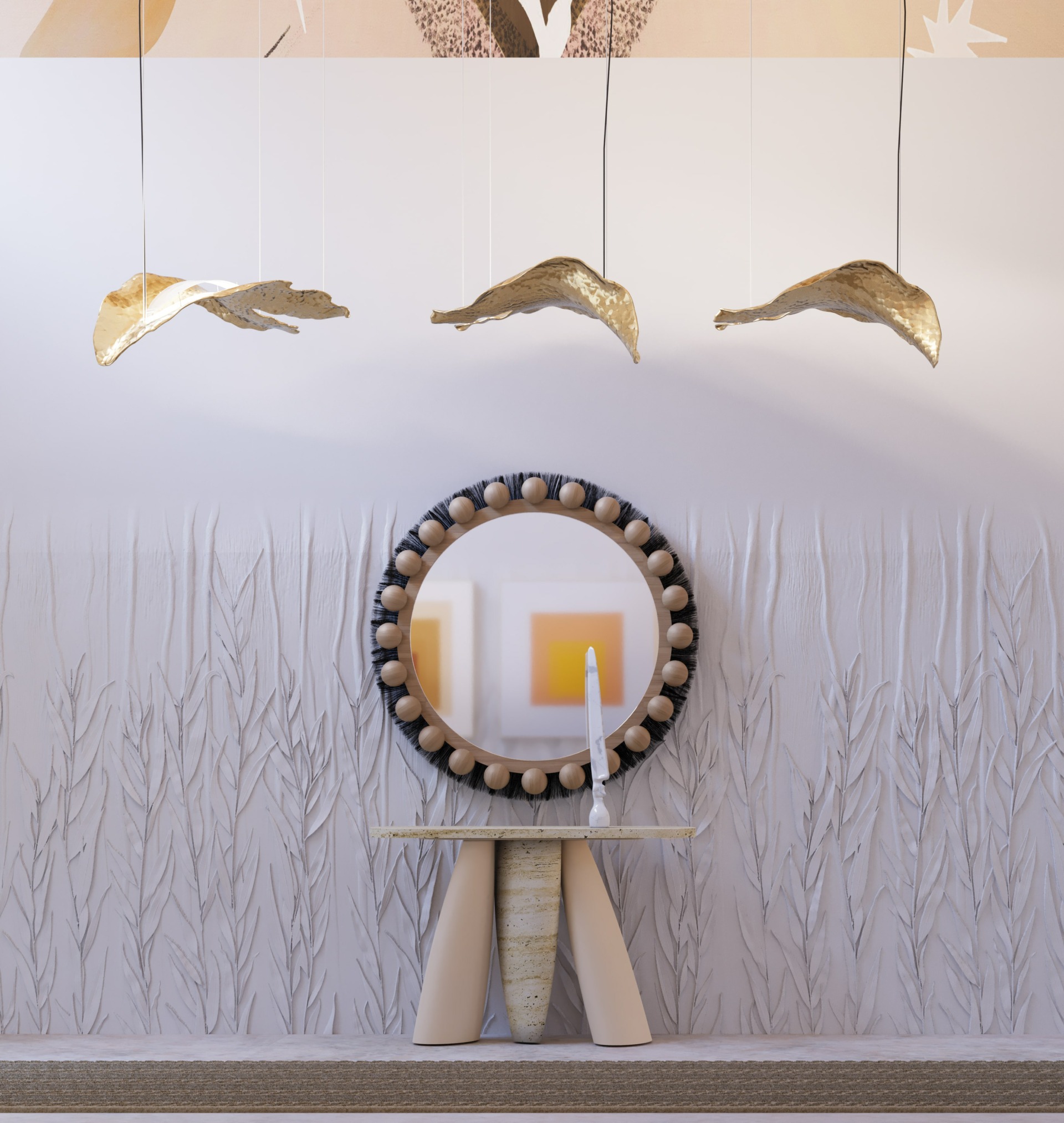 entryway with a stunning mirror and a scupltural console table in nude tones