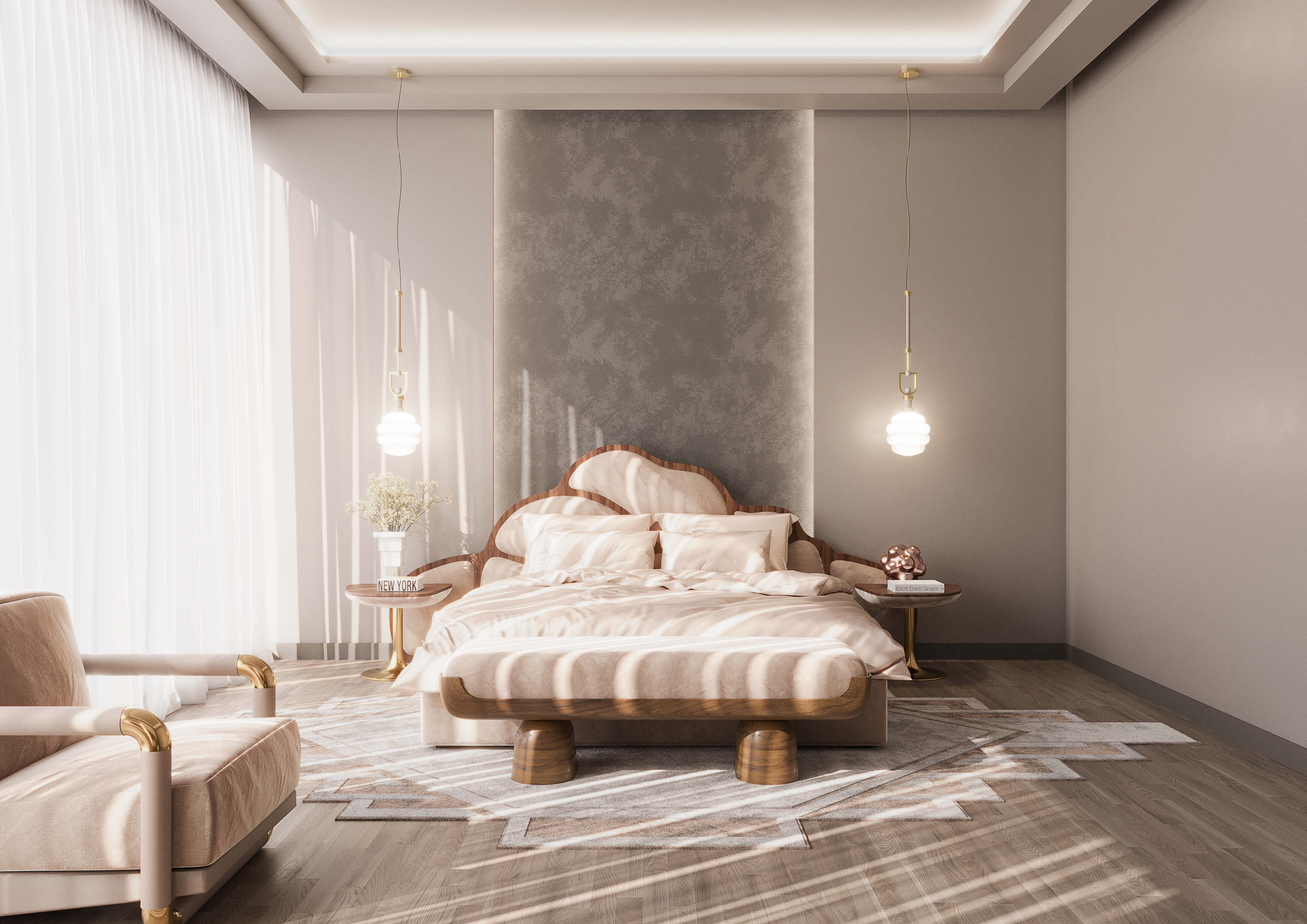 Bedroom design with a modern neutral tones bed and with grey walls and with a nude armchair