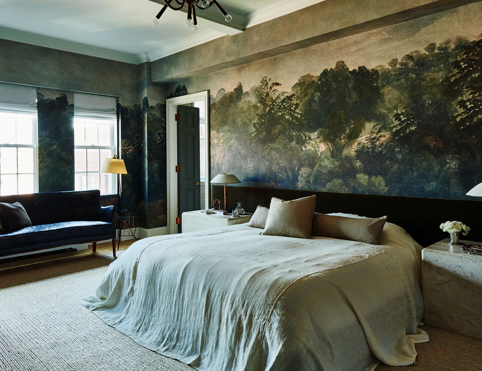 sober bedroom with a stunning wallpaper