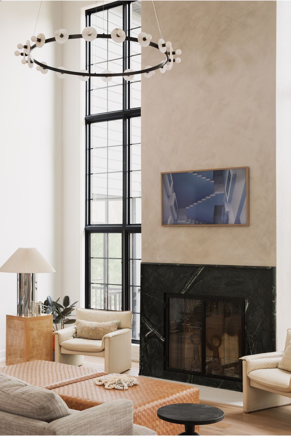 living room with a hand-applied lime wash treatment on the chimney