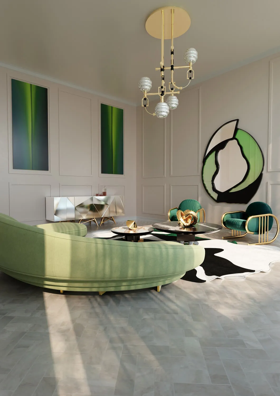 Living room with green sofa, armchair and rug
