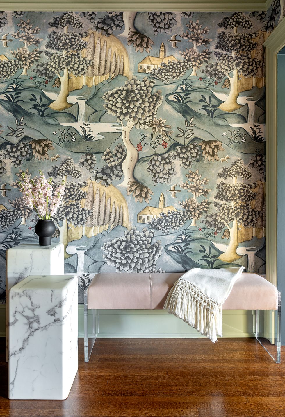 This entryway is a captivating blend of artistic flair and modern design.