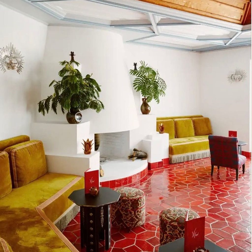 Hotel lounge with a red tiles floor