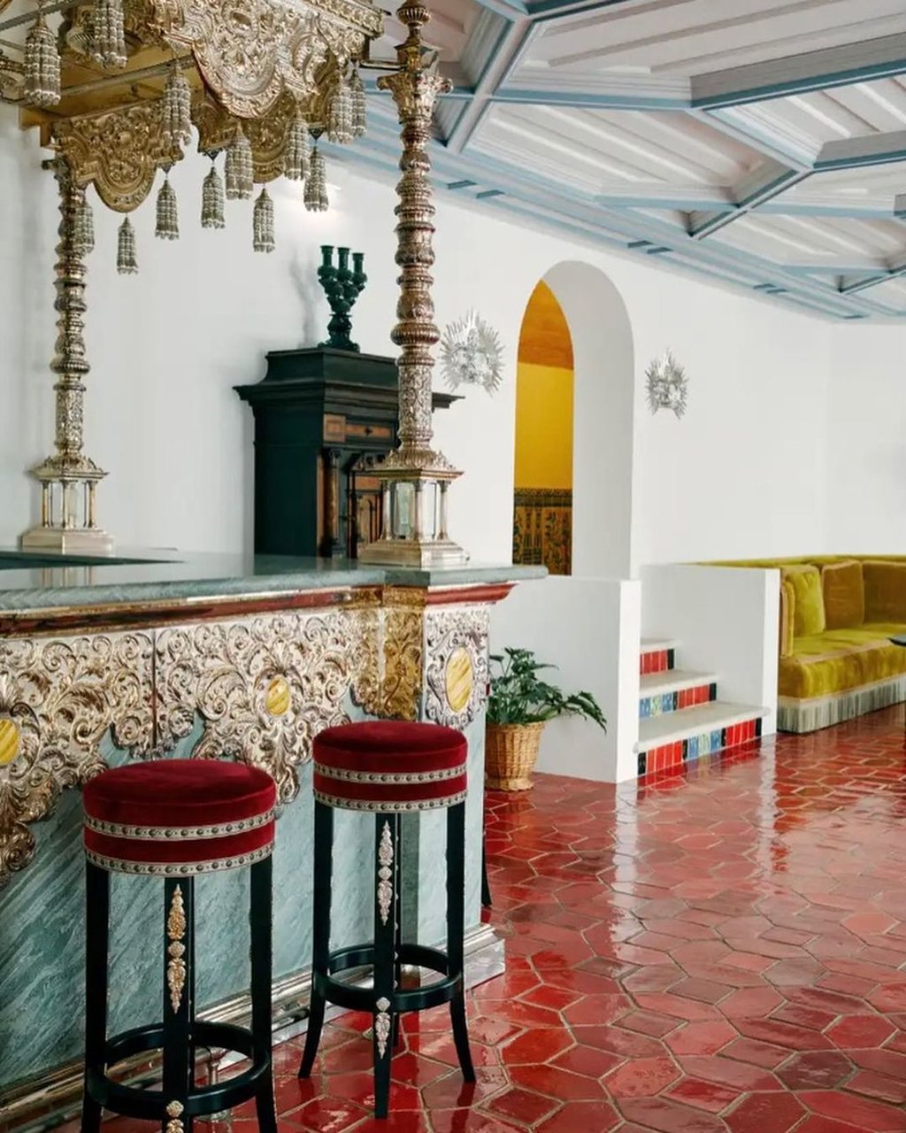 Lounge bar with red tiles floor