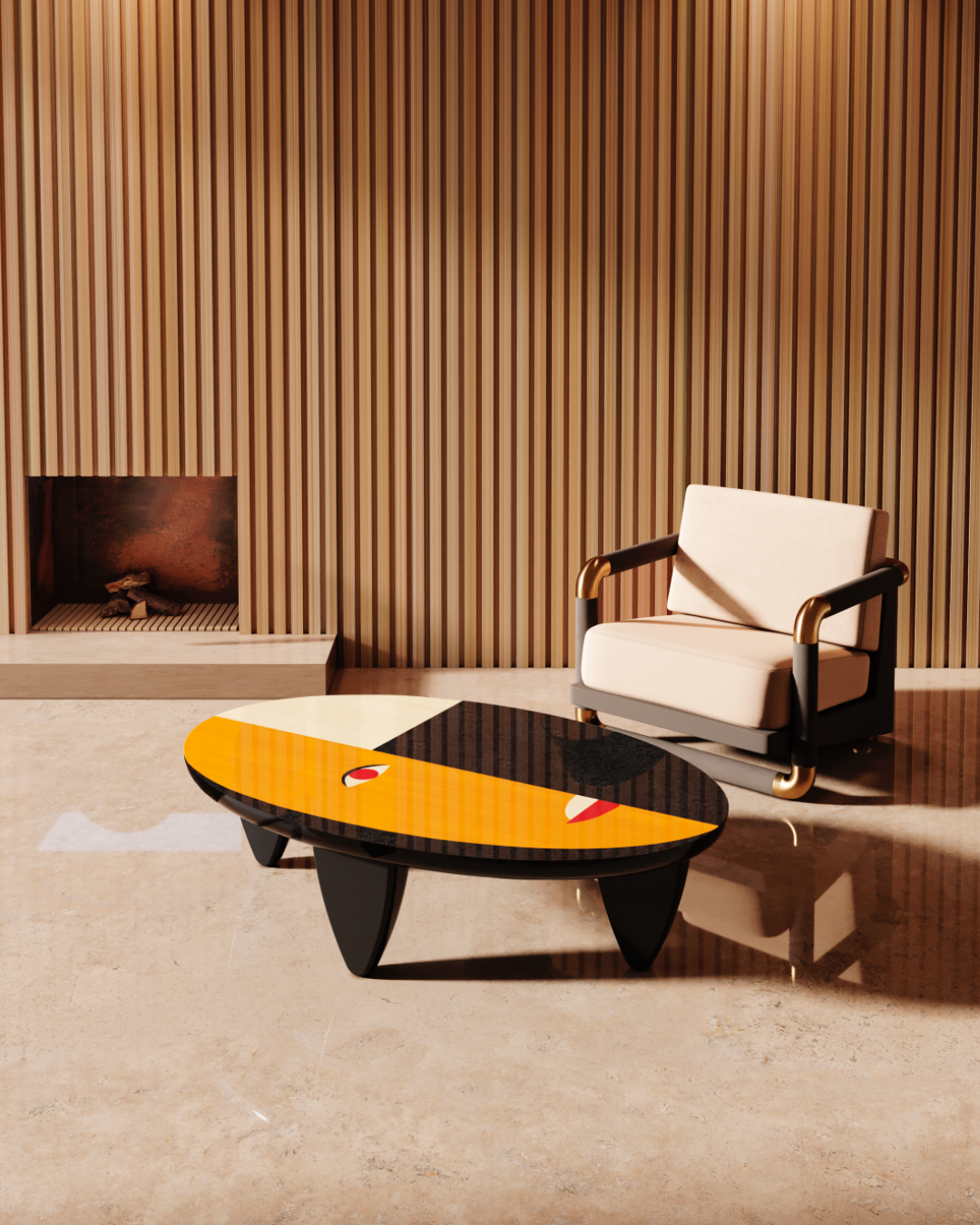 living room with a marquetry center table and a comfortable mid century armchair
