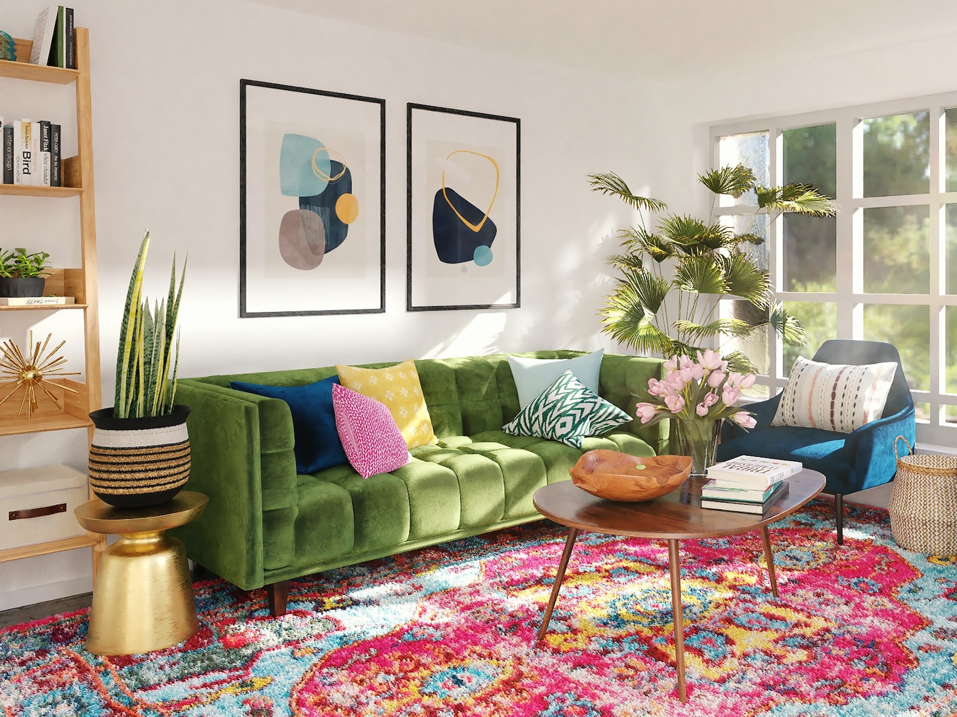 Maximalism living room with green sofa, colorful pillows and big cozy rug