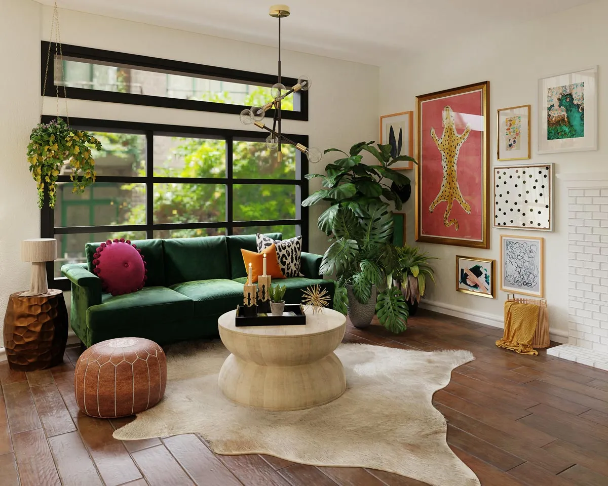 Green maximalism styled living room, with big windows and plants