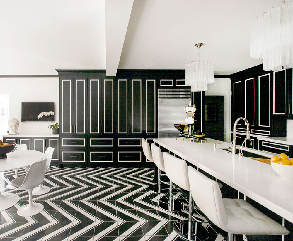 Black and White luxury kitchen with geometrical lines concepted by Michelle Gerson