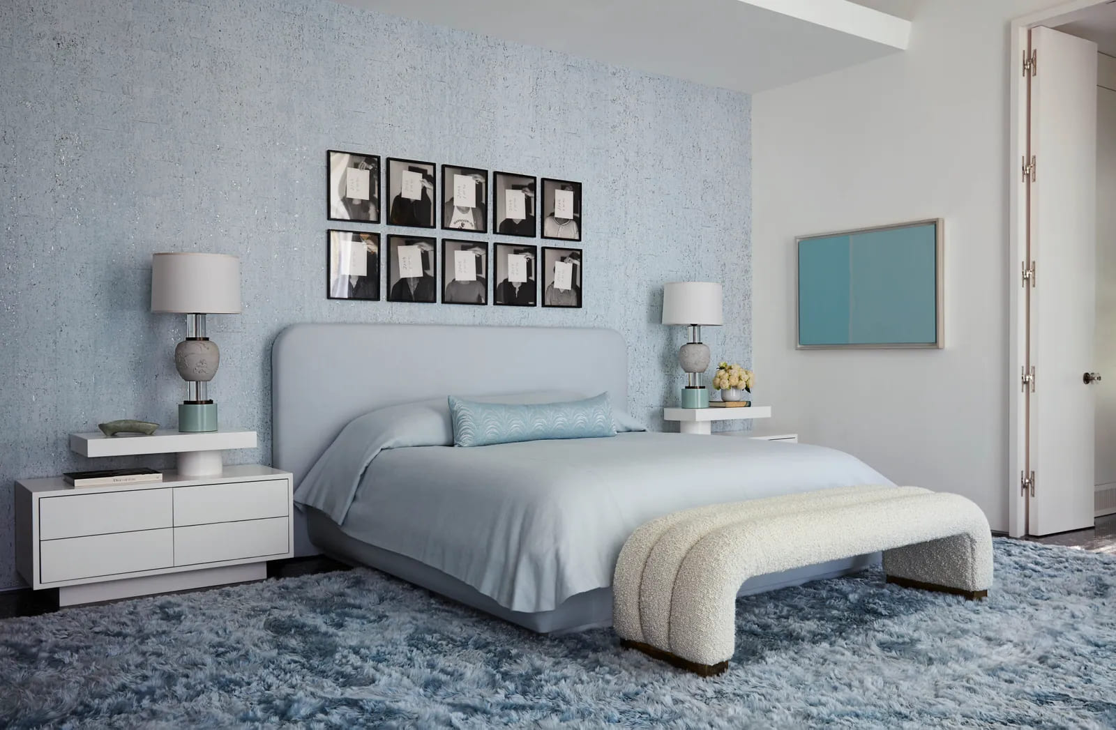 Modern bedroom following a baby blue color pallete