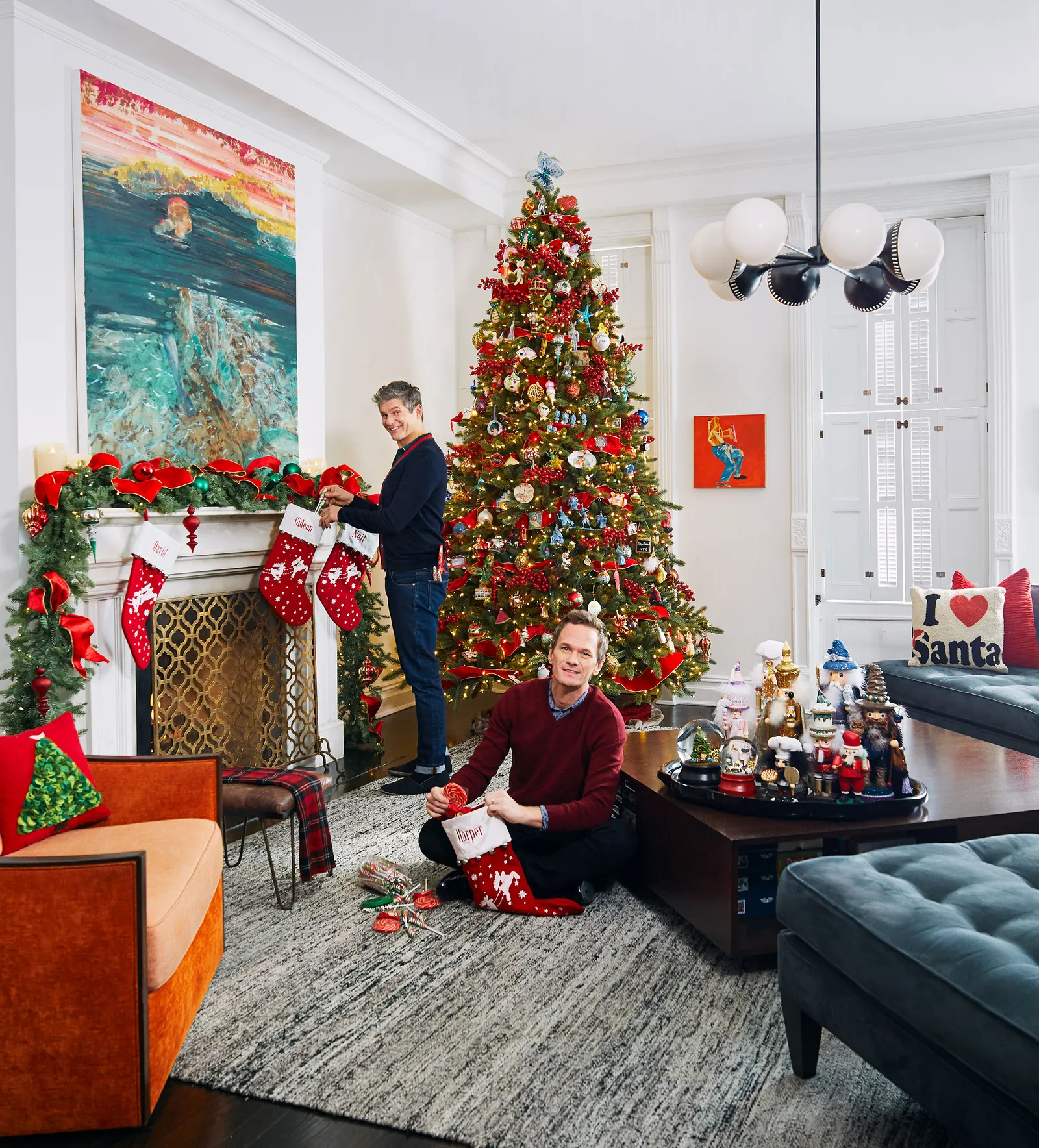Neil Harris and his husband, Christmas living room 