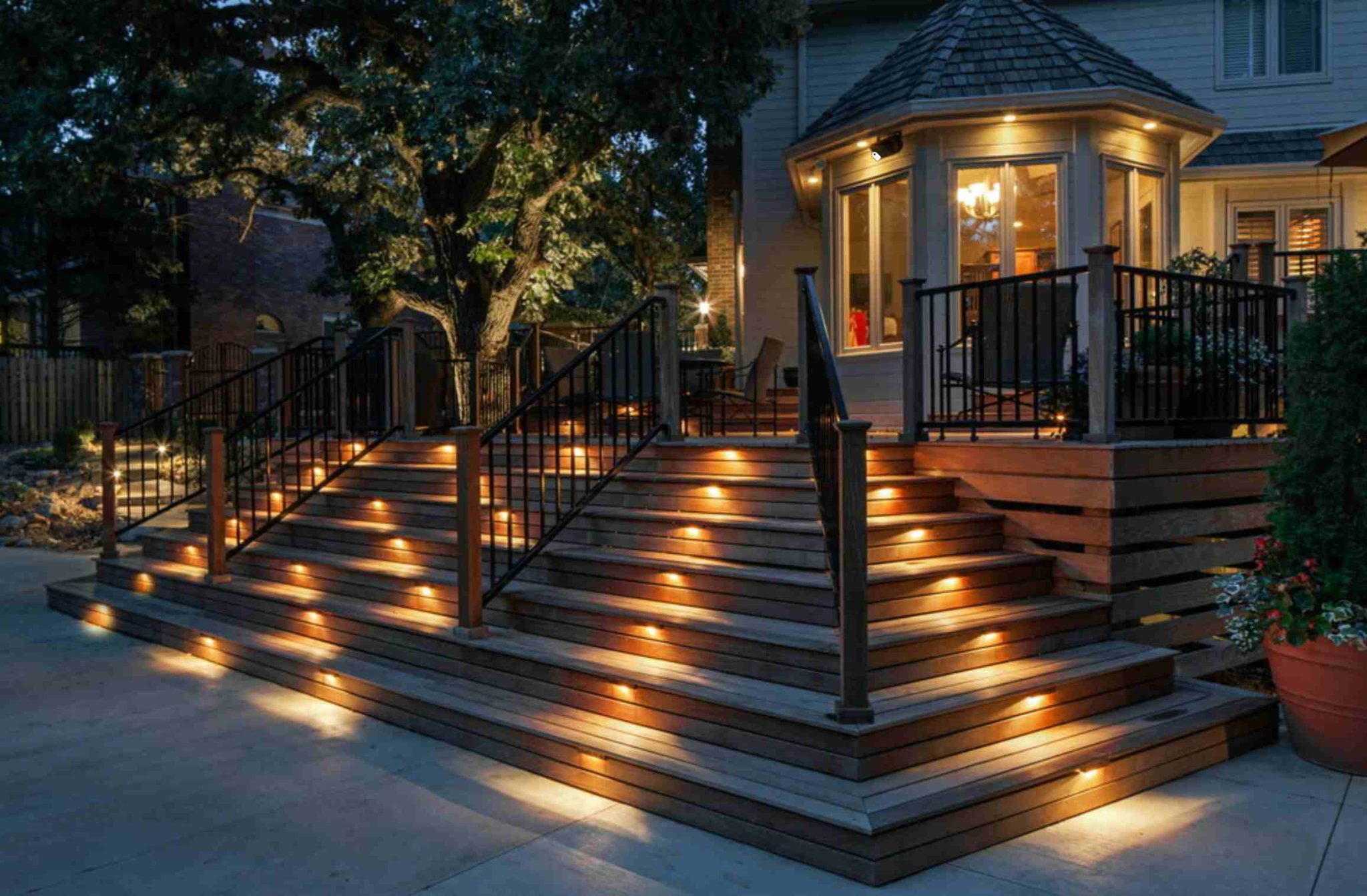 Staircase lighting in outdoor space