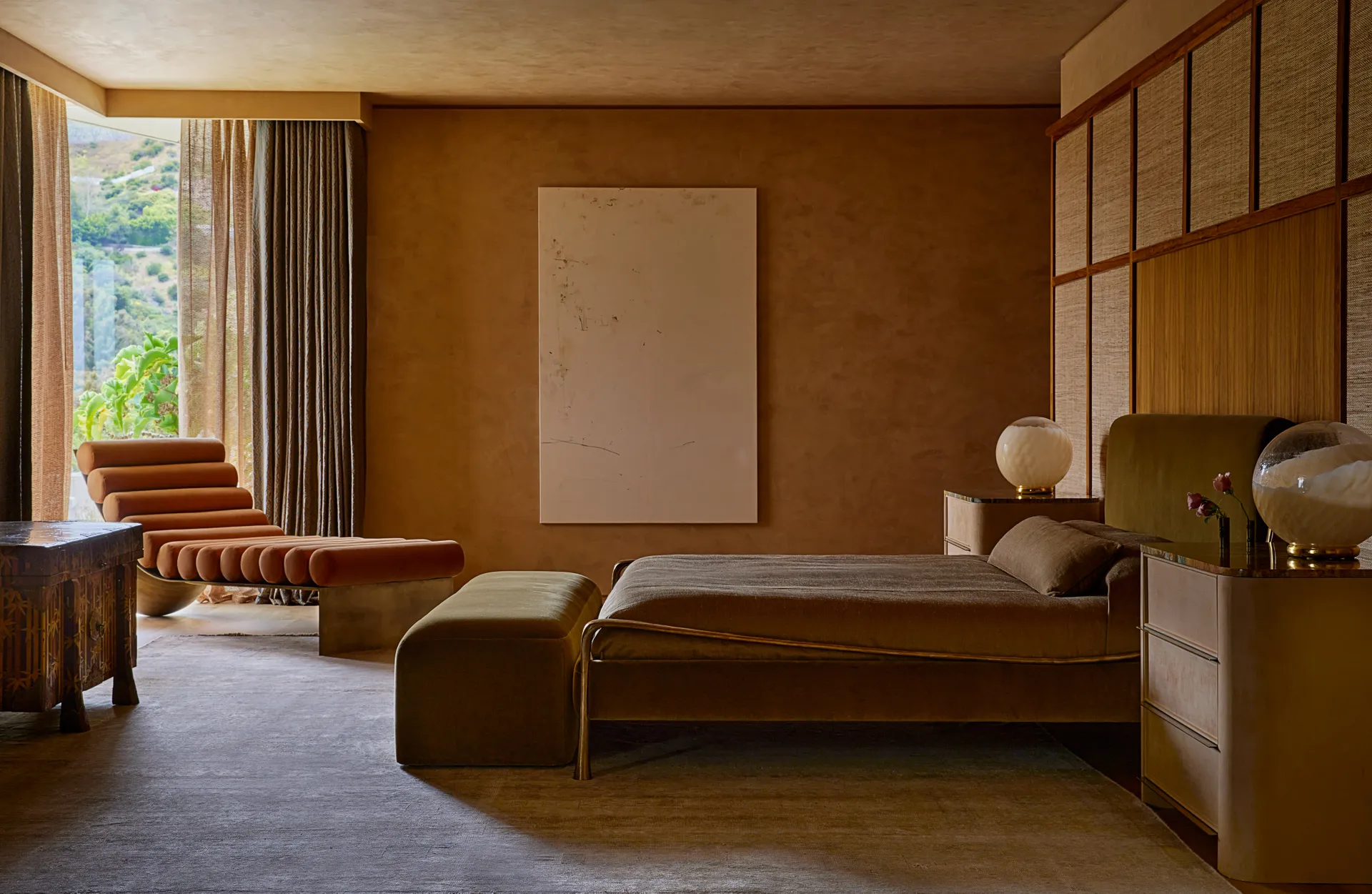 main bedroom with De La Vega bed in a Zak+Fox velvet